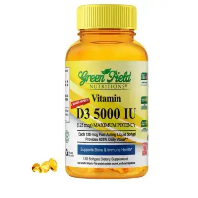 Greenfield Nutritions Halal Vitamin D - Halal Vitamin D3 5000 IU Softgel (125 mcg)//فيتامين د3 الحلال 5000 وحدة دولية - 120 كبسولة - جيلاتين لحم البقر الحلال