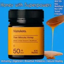 Raw Manuka Honey, MGO 50+, New Zealand Honey, Manuka, Glyphosate Residue Free Certified, 2000+ Natural Compounds, Traceable from Hive-to-Hand, Manuka Honey, 250g Manuka