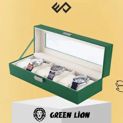 Green Lion Elegant Watch Box 6 Slots with Glass Display - Green