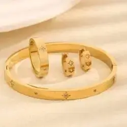A luxurious stainless steel bracelet, ring, and earrings set
