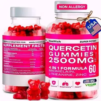 Zinc Quercetin Gummies - 2500MG Quercetin with Bromelain L-theanine & Zinc, Quercetin, Zinc, Pure Supplement for Immune System Lung and Allergy Support - Immunity Booster Vegan Supplements for Kids & Adults - Made in US, 60 gummy zinc
