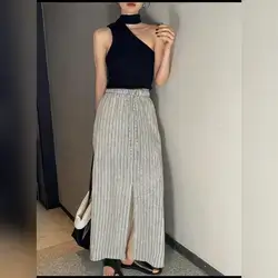 DAZY Striped Long Slit Drawstring Straight Loose Skirt - XL