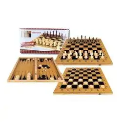 Chess 3 in 1 - chess with Pieces and Wooden Board small size suitable for children and adults