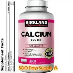 Kirkland Signature Calcium, 600 mg, with Vitamin D3, for Strong Bones and teeth, growth, Immunity, Natural GLP-1 Booster, blood pressure, Triggers Muscle Contraction, stronger muscles, 500 Tablets Calcium