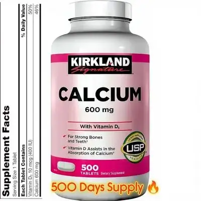 Kirkland Signature Calcium, 600 mg, with Vitamin D3, for Strong Bones and teeth, growth, Immunity, Natural GLP-1 Booster, blood pressure, Triggers Muscle Contraction, stronger muscles, 500 Tablets Calcium