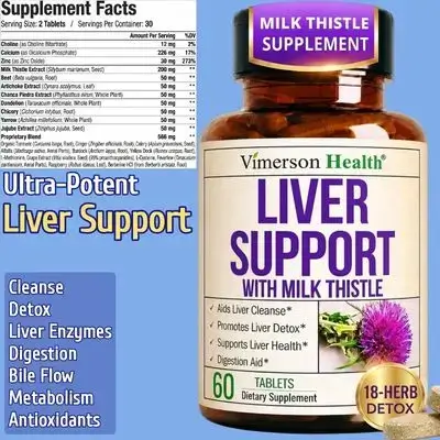 Liver Support, Cleanse, Detox & Repair, Liver supplement, Milk Thistle Extract, Dandelion Root, Artichoke, Zinc, Milk Thistle, Digestion & Energy, Women & Men, 60 Tablets liver Support 