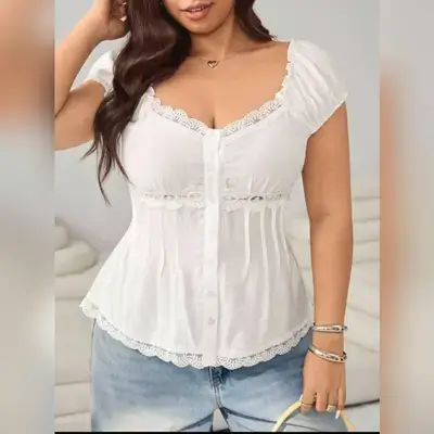 Solflare Plus Size Summer Casual Solid Color Lace Trim Shirt - 3XL