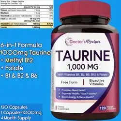 Taurine, 1000mg, Potent Amino Acid, with Vitamins B1, B2, B6, Folate, Methyl B12, Anti-aging, Nervous System, Cardiovascular, Muscle & Exercise, 120 Capsules Taurine