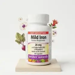 Mild Iron Ferrous Bisglycinate 28mg with Folic Acid, B12 & Vitamin C webber naturals (30 capsules)