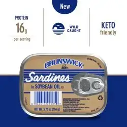 Brunswick Wild Caught Sardines in Soybean Oil, 3.75 oz Can (Pack of 1) - 14g Protein per Serving - Gluten Free, Keto Friendly, Kosher