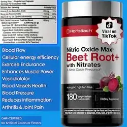 Nitric Oxide Max, Beet Root, with Nitrates and Precursors, for Men and Women, Organic beetroot, grape seed extract, Nitric Oxide Booster, Blood Flow, Cardiovascular health, Muscle Pump, blood pressure, beet root, 180 Capsules beetroot 