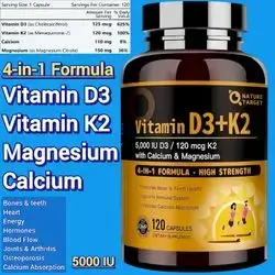 Vitamin D3 K2, with Calcium & Magnesium, 4 in 1 Formula, for Bone, Heart, Calcium Absorption, Teeth, Hormones, mood, metabolism, Immune, gut health, 5000 IU Vitamin D3 & 120 mcg of Vitamin K2, 120 Caps D3 K2