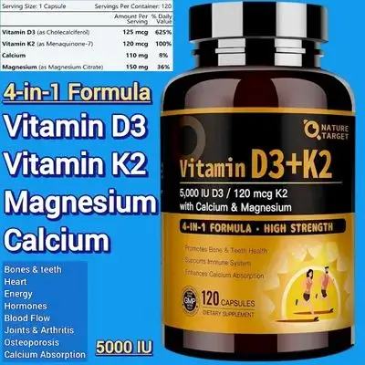 Vitamin D3 K2, with Calcium & Magnesium, 4 in 1 Formula, for Bone, Heart, Calcium Absorption, Teeth, Hormones, mood, metabolism, Immune, gut health, 5000 IU Vitamin D3 & 120 mcg of Vitamin K2, 120 Caps D3 K2 