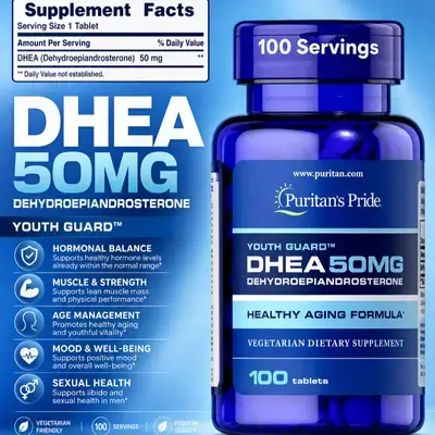 DHEA, Women&Men, 50mg, Healthy Aging, Hormones, Sexual health, Fat Metabolism, muscle recovery, mood and stress, Testosterone & Estrogen, 100 Tablets dhea 