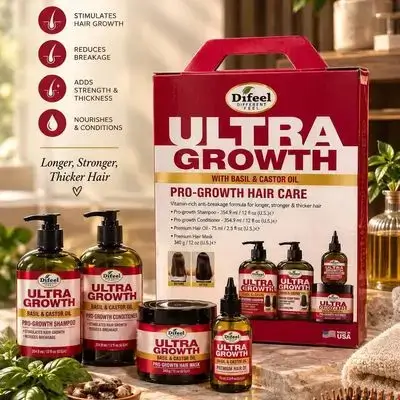 Difeel Ultra Growth with Basil & Castor Oil Pro-Growth Hair Care Set • Pro-Growth Shampoo: 354.9 ml / 12 fl oz • Pro-Growth Conditioner: 354.9 ml / 12 fl oz • Premium Hair Oil: 75 ml / 2.5 fl oz • Premium Hair Mask: 340 g / 12 oz