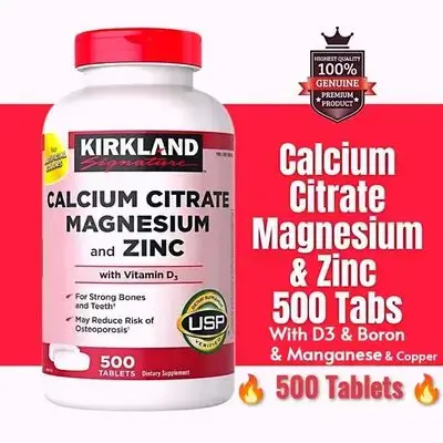 Kirkland Calcium , Magnesium , Zinc , vitamin D, D3 , boron , Manganese, copper, Supports Bones, teeth, muscles, arthritis, rheumatism, osteoporosis, joint pain, 500 tabs USA MADE Calcium