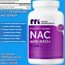 NAC with NAD+, 1000 mg, 2-in-1, N-Acetyl-L-Cysteine with Nicotinamide Adenine Dinucleotide, Nad, Nac, N Acetyl L Cysteine, L Cysteine, Potent Antioxidants, Anti Aging, 240 Caps Nac 