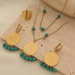 1 Set Elegant Vintage Copper Alloy Gold Plated Natural Stone Tassel Coin