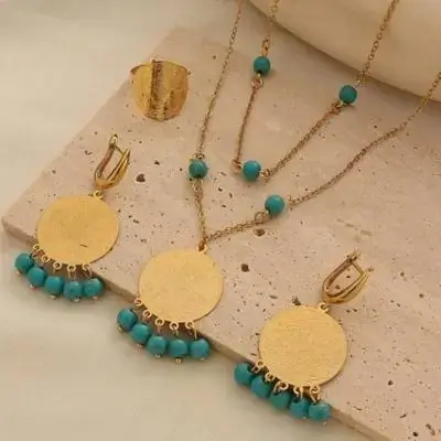 1 Set Elegant Vintage Copper Alloy Gold Plated Natural Stone Tassel Coin