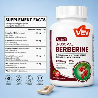 Liposomal Berberine, Berberine, Ceylon Cinnamon, Cayenne Pepper, Turmeric, Milk Thistle, blood sugar balance, liver health, metabolism, Energy, gut & digestive system, weight management, GLP-1 Support, antimicrobial, 120 Caps Berberine 