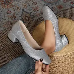 Spring New Chunky Heel Square Toe Sequin Wedding Shoes - Size: 44