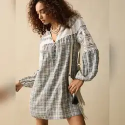 SoleilVie Casual Plaid Lace Patchwork Loose Long Sleeve Dress - XL