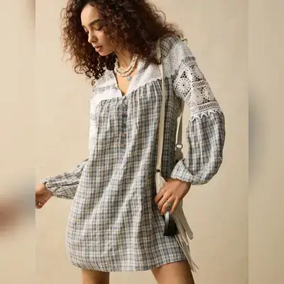 SoleilVie Casual Plaid Lace Patchwork Loose Long Sleeve Dress - XL