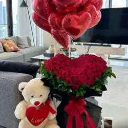 Red Bouquet + Bear + 15 Balloon Shape Heart