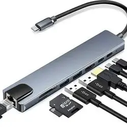 Adapter 8Ports Type-C To Pd+USB*2+Hdtv+Type-C+Sd+Tf+Rj45