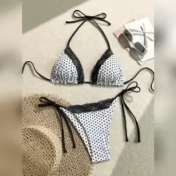 Swim Mod 2pcs/Set Women Lace Polka Dot Print Bikini Swimsuit Set - Small