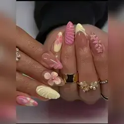 24Pcs Minimalism Style Yellow & Pink Flower Decor French Manicure Medium Almond Shaped Artificial Nail Tips
