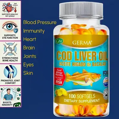 Pure Norwegian Cod Liver oil, omega 3 , omega3 fatty acids, healthy EYES, Skin, Heart, Teeth, Bones, Vitamin A, Vitamin D , 400mg cod liver oil, fish oil, 100 Softgels, زيت كبد الحوت