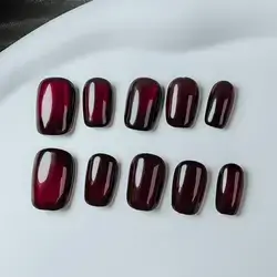 10pcs/Pack Handmade Nail Tips, Short Square Ombre Dark Red