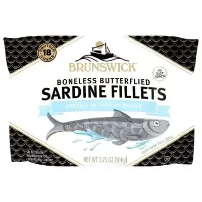 Brunswick Sardines in Spring Water, 3.75 oz Can (Pack of 1) - Boneless Butterflied Sardine Fillets - Wild Caught - 18g Protein per Serving - Gluten Free, Keto Friendly