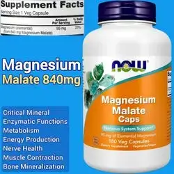 NOW Supplements, Magnesium Malate, Magnesium Malate 840mg, 95mg of Elemental Magnesium, Nervous System, Muscles, Energy, Metabolism, Critical Mineral, 180 Caps Magnesium Malate