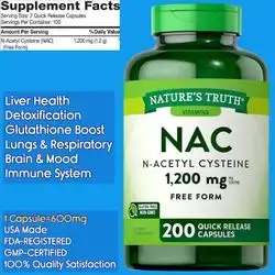 NAC, N-ACETYL-L-CYSTEINE, 600MG per Capsule, Premium Quality, N Acetyl Cysteine, Free Radical Scavenger, Liver Health, Detoxification, 200 Capsules Nac