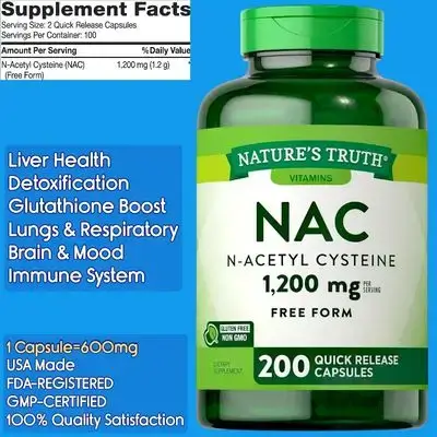 NAC, N-ACETYL-L-CYSTEINE, 600MG per Capsule, Premium Quality, N Acetyl Cysteine, Free Radical Scavenger, Liver Health, Detoxification, 200 Capsules Nac