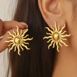 A Pair Vintage Chic 18K Gold Plated Stainless Steel Exaggerated Sun Stud Earrings