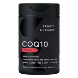 Sports Research CoQ10 (100mg) Enhanced w/Coconut Oil & Bioperine (Black Pepper) for Better Absorption | Vegan Certified, Non-GMO Verified (120 Veggie Softgels)