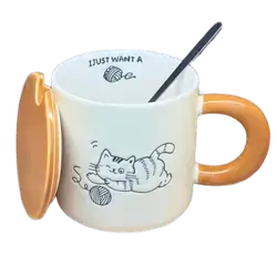 Cute Ceramic Cup with Lid and Spoon