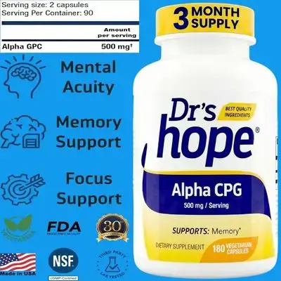 Alpha GPC, 500mg, Supports Memory and Cognitive Function, faster learning, sharp memory, focus, Muscle strength & Endurance, Made in USA Backed by 30+ Years, Kosher & cGMP Certified, 180 Capsules alpha gpc 