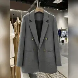 Elegant Double-Breasted Light Gray Blended Fabric Women's Blazer - XL