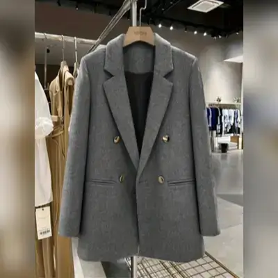 Elegant Double-Breasted Light Gray Blended Fabric Women's Blazer - XL