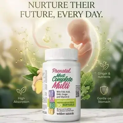Prenatal Most Complete Multi with Folic Acid, DHA, Ginger and Vitamin D webber naturals (30 softgels)