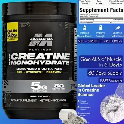 MuscleTech Creatine Monohydrate Powder, Platinum Pure, Unflavored Micronized Creatine, for Men & Women, Micronized Creatine Monohydrate, Workout Supplements for Performance, Muscle Recovery & Builder, Brain & Muscle, 400g, 80 Servings Creatine