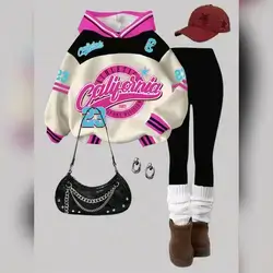 2pcs/Set Teen Girl Retro Letter & Number Badge Graphic Hoodie And Leggings Set - 13 Years
