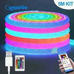 5M RGBIC 360 Degree Round Reticulate Chasing Color LED Neon Strip Light Kit Flexible Nylon Silicone IP67 5V Braided Rope Light