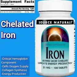 Chelated Iron, Iron, Iron amino acid Chelate, 25mg, critical mineral for Energy, Hemoglobin, oxygen, collagen synthesis, 100 Tablets iron
