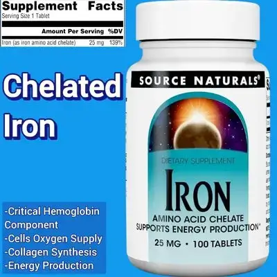 Chelated Iron, Iron, Iron amino acid Chelate, 25mg, critical mineral for Energy, Hemoglobin, oxygen, collagen synthesis, 100 Tablets iron 