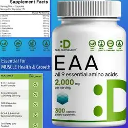 Essential Amino Acids (EAA) 2000mg Per Serving, 9 in 1, All BCAAs (Branched-Chain Aminos) – Lean Muscle Support & Natural Pre Workout, 300 Caps EAA